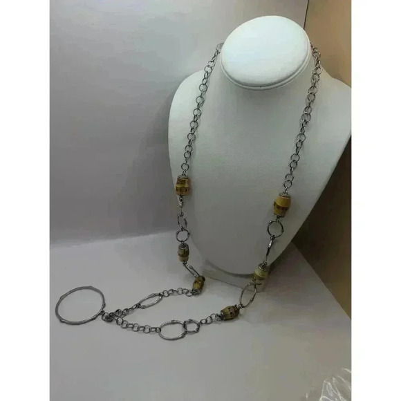 Chicos Silvertone Bamboo Necklace Metal Links Wooden Beads Chain - Picture 1 of 7